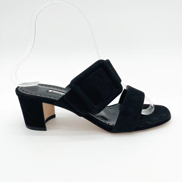 Manolo Blahnik Titubanew Black Suede Open Toe Buckle Mule Sandals Heels IT 36.5 - Picture 3 of 11